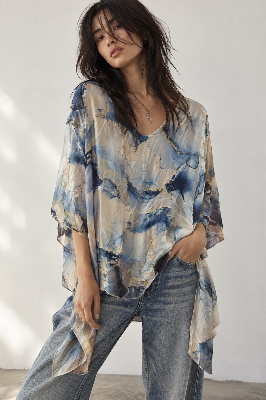 Vintage Y2K Italian Marble Print Layered Asymmetrical Top L
